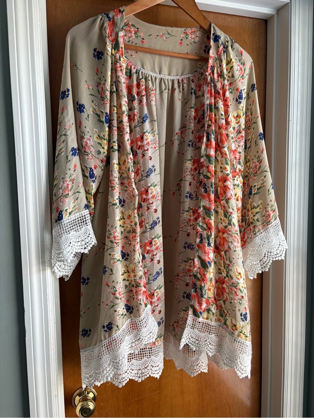 Beige Floral Crochet-Trim Kimono Cardigan with Coral Accents